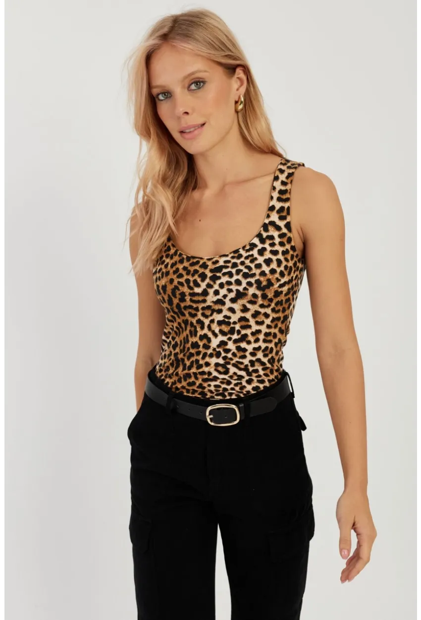 Kadın Camel-Siyah U Yaka Leopar Atlet LPP1257