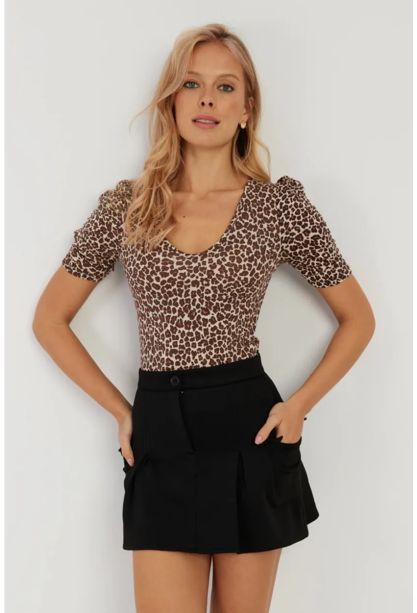Kadın Camel-Siyah V Yaka Leopar Bluz LPP1263