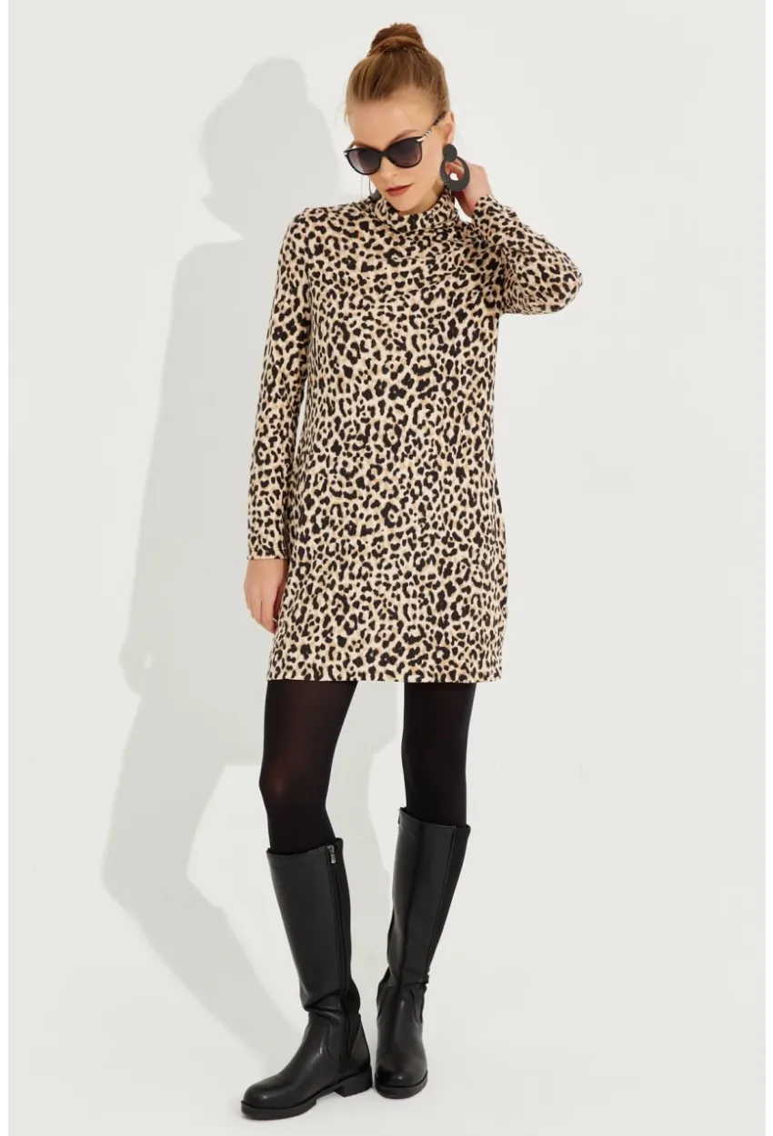 Kadın Camel-Siyah Yumoş Leopar Mini Elbise AYD253