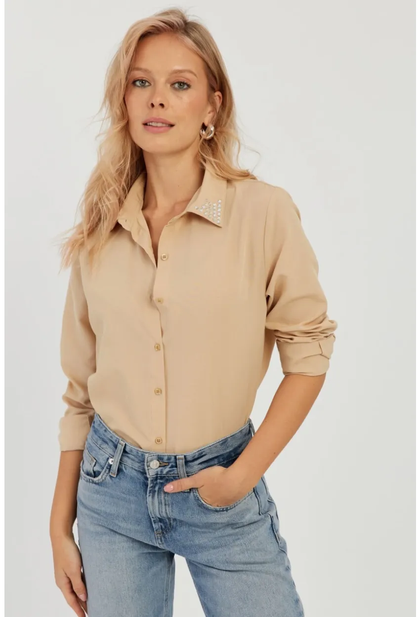 Kadın Camel Taş Detaylı Gömlek ZER402