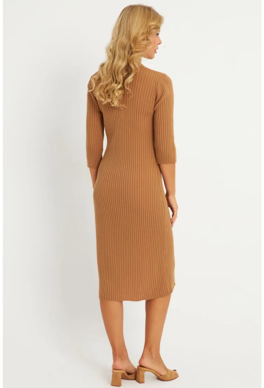 Kadın Camel Triko Midi Gömlek Elbise YV274
