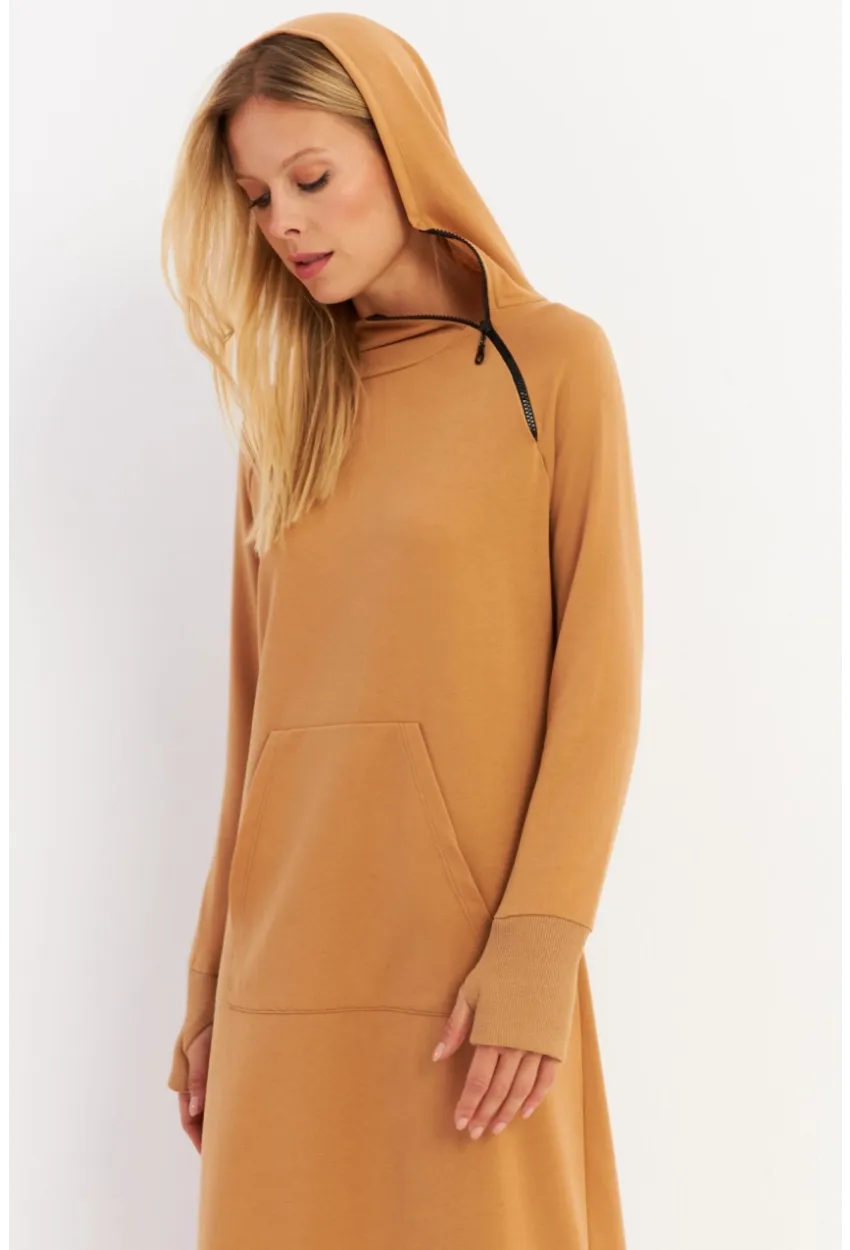 Kadın Camel Yakası Fermuarlı Maxi Sweat Elbise TF12