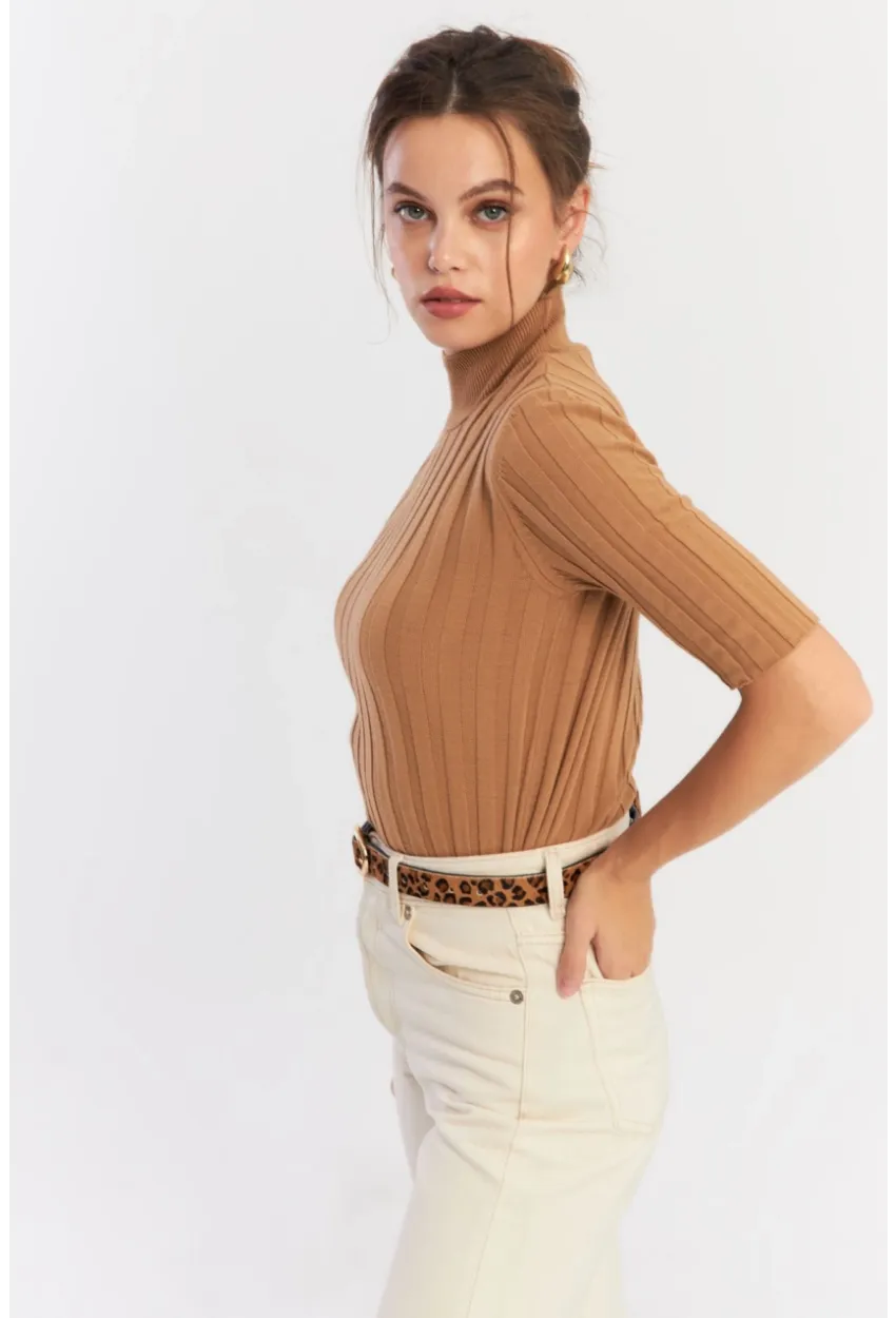 Kadın Camel Yarım Balıkçı Triko Bluz YV287