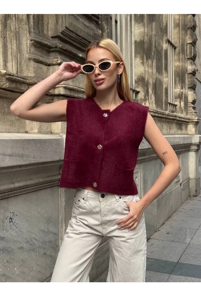 Kadın Cep Detay Düğmeli Bordo Yelek