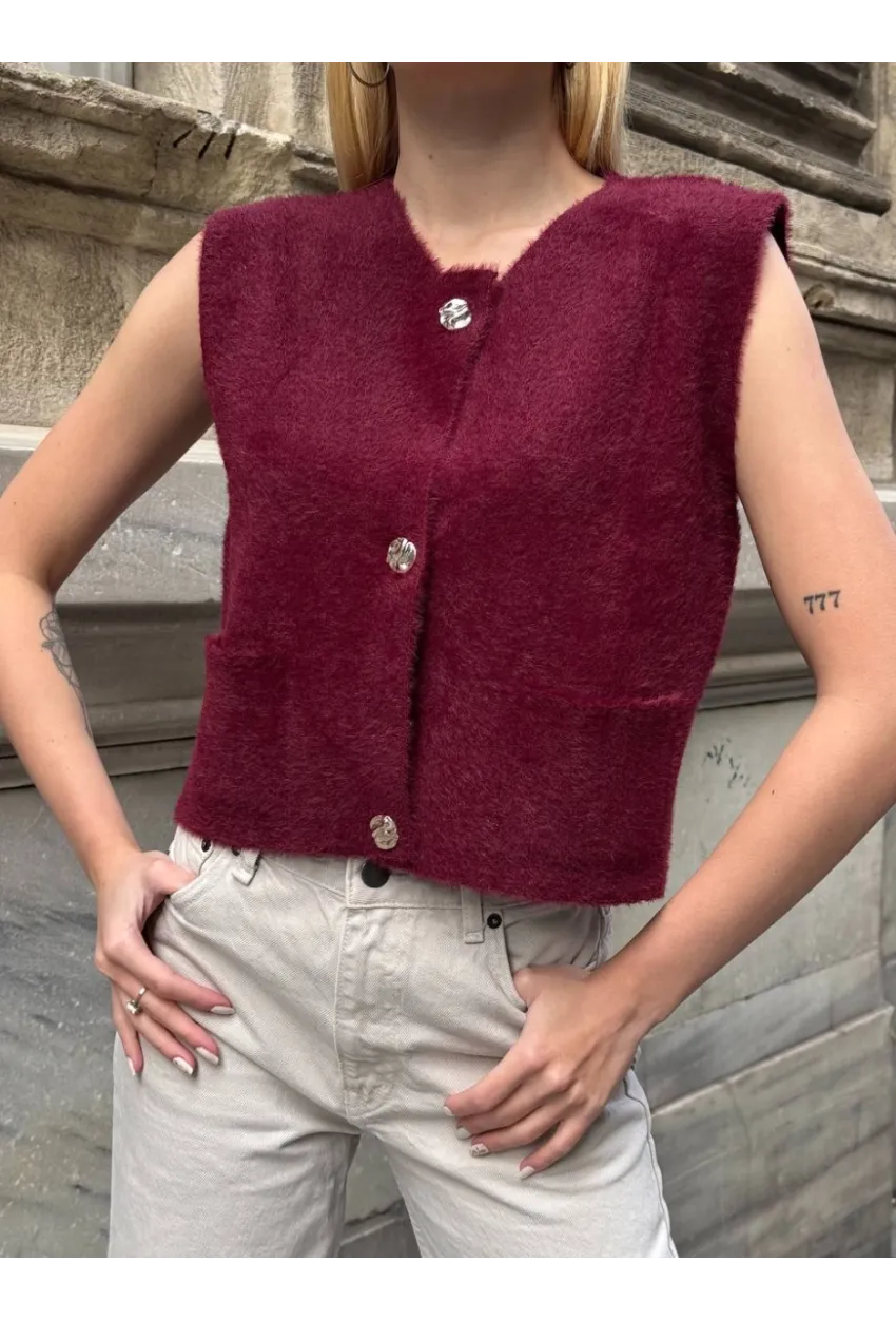 Kadın Cep Detay Düğmeli Bordo Yelek