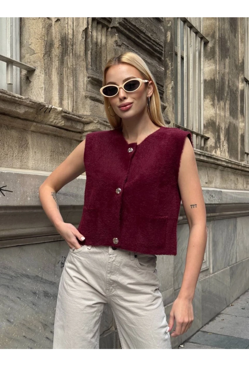 Kadın Cep Detay Düğmeli Bordo Yelek