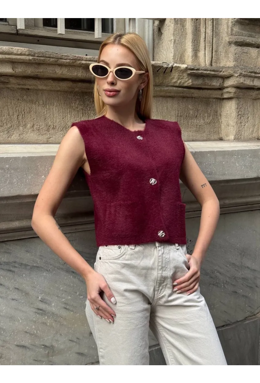 Kadın Cep Detay Düğmeli Bordo Yelek