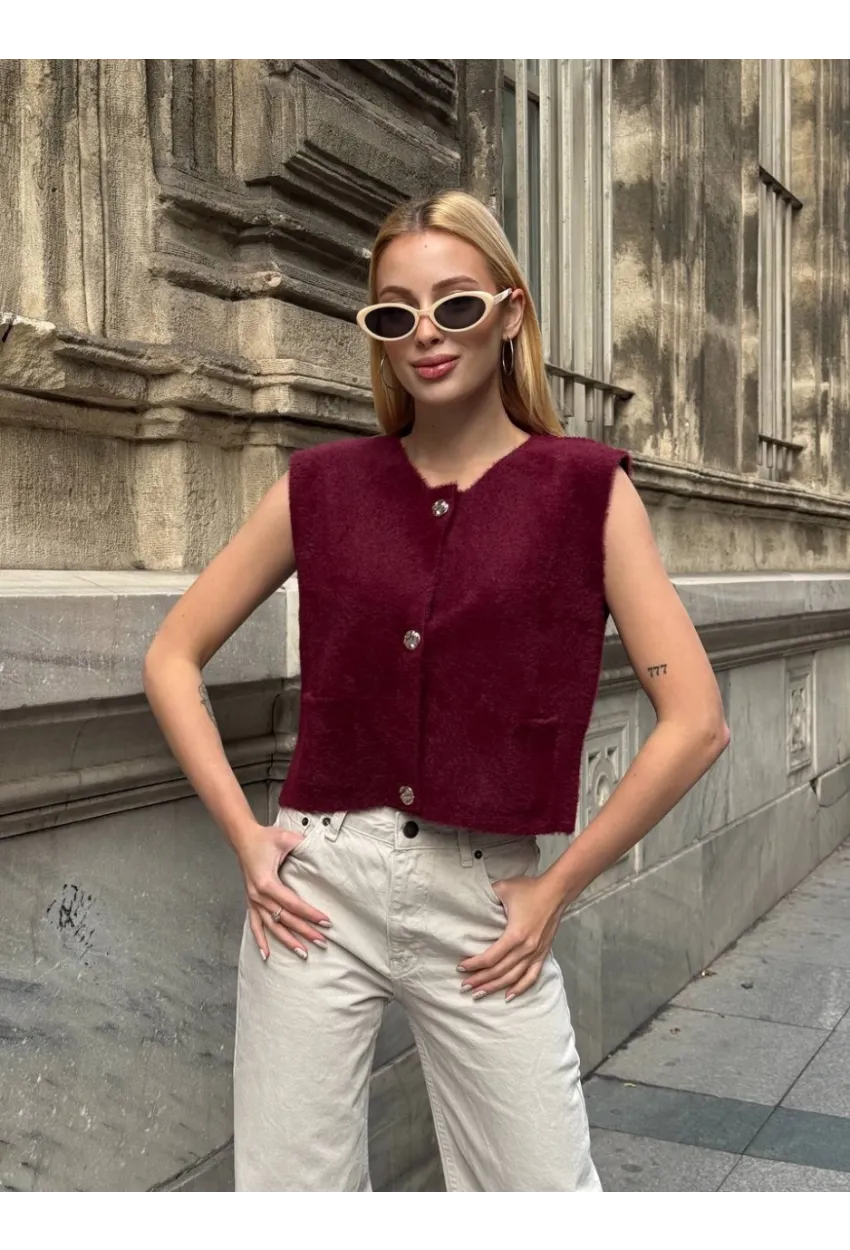 Kadın Cep Detay Düğmeli Bordo Yelek
