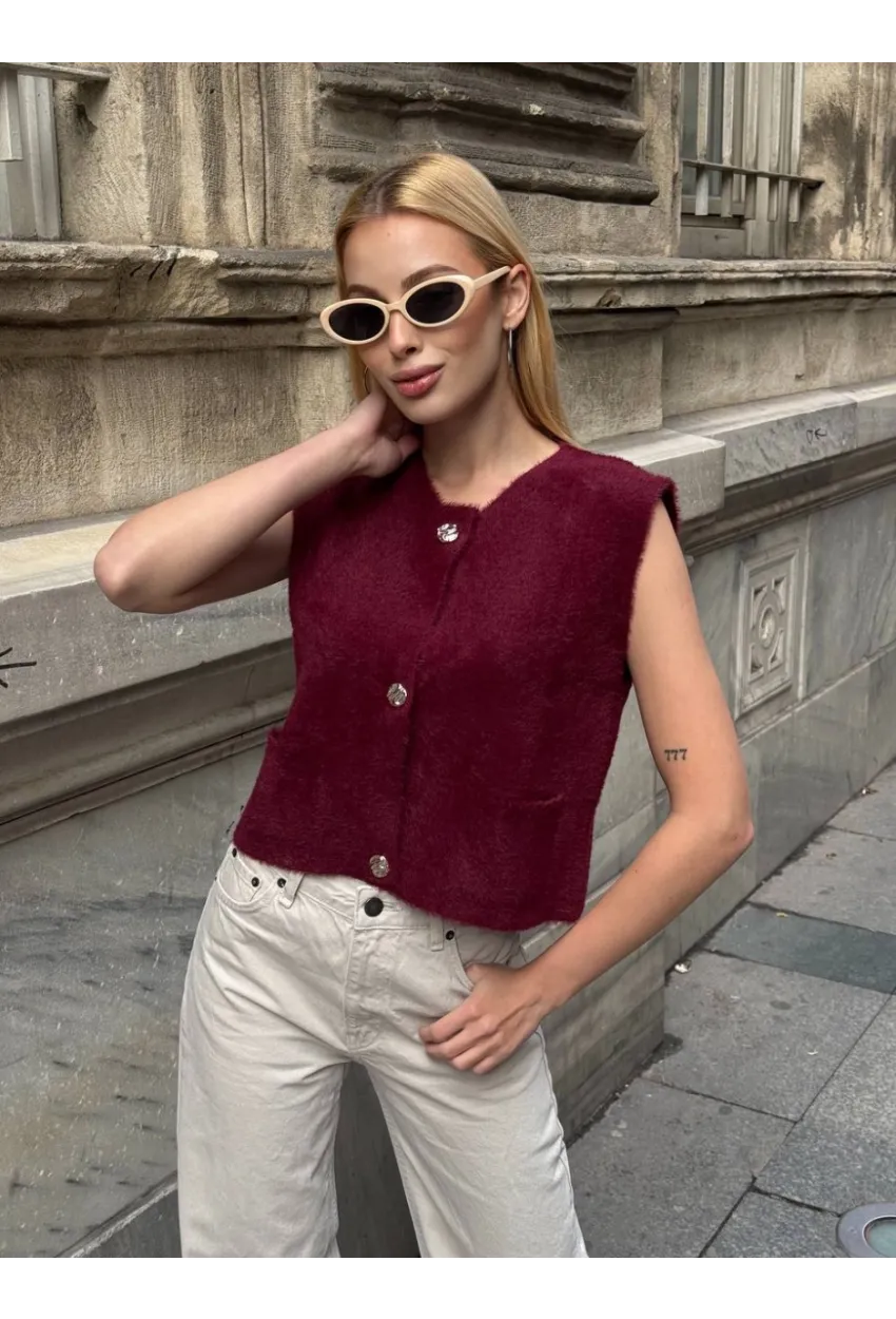 Kadın Cep Detay Düğmeli Bordo Yelek