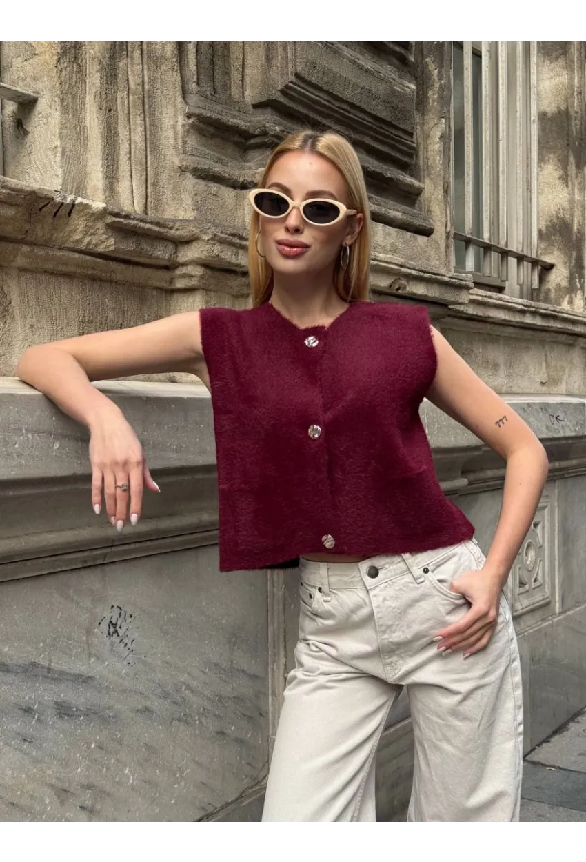 Kadın Cep Detay Düğmeli Bordo Yelek