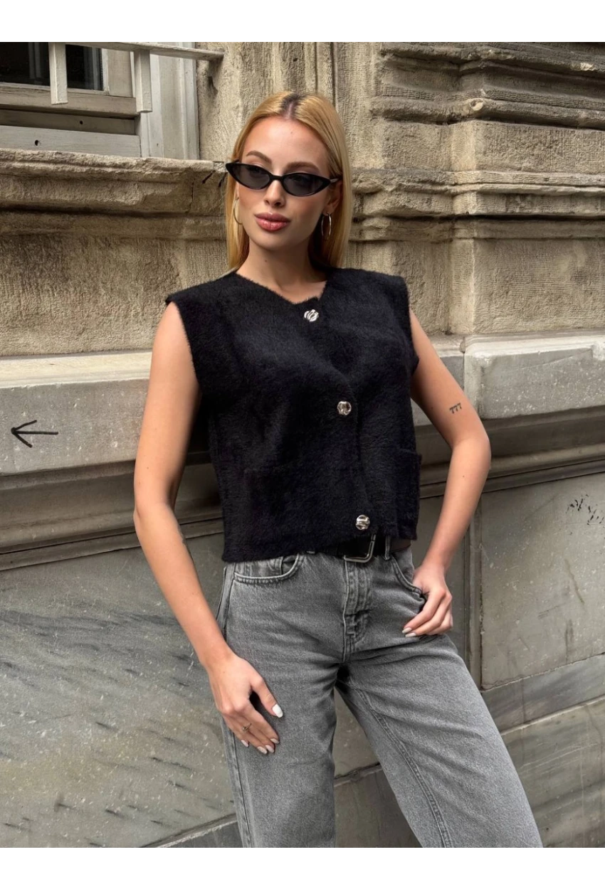 Kadın Cep Detay Düğmeli Siyah Yelek