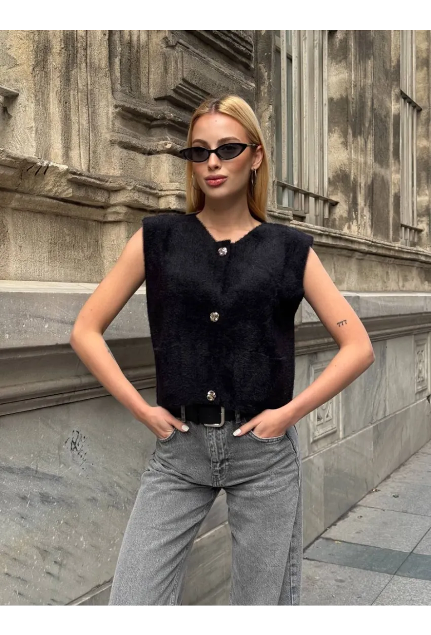 Kadın Cep Detay Düğmeli Siyah Yelek