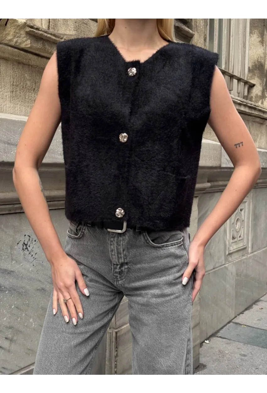 Kadın Cep Detay Düğmeli Siyah Yelek