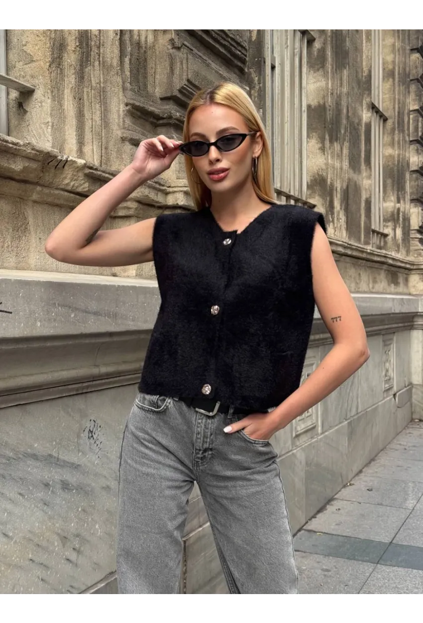 Kadın Cep Detay Düğmeli Siyah Yelek
