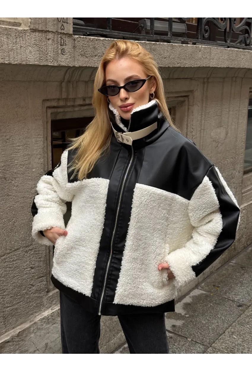 Kadın Deri Garnili Peluş Mont