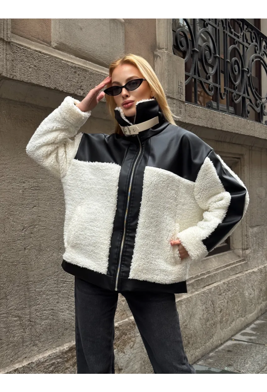 Kadın Deri Garnili Peluş Mont