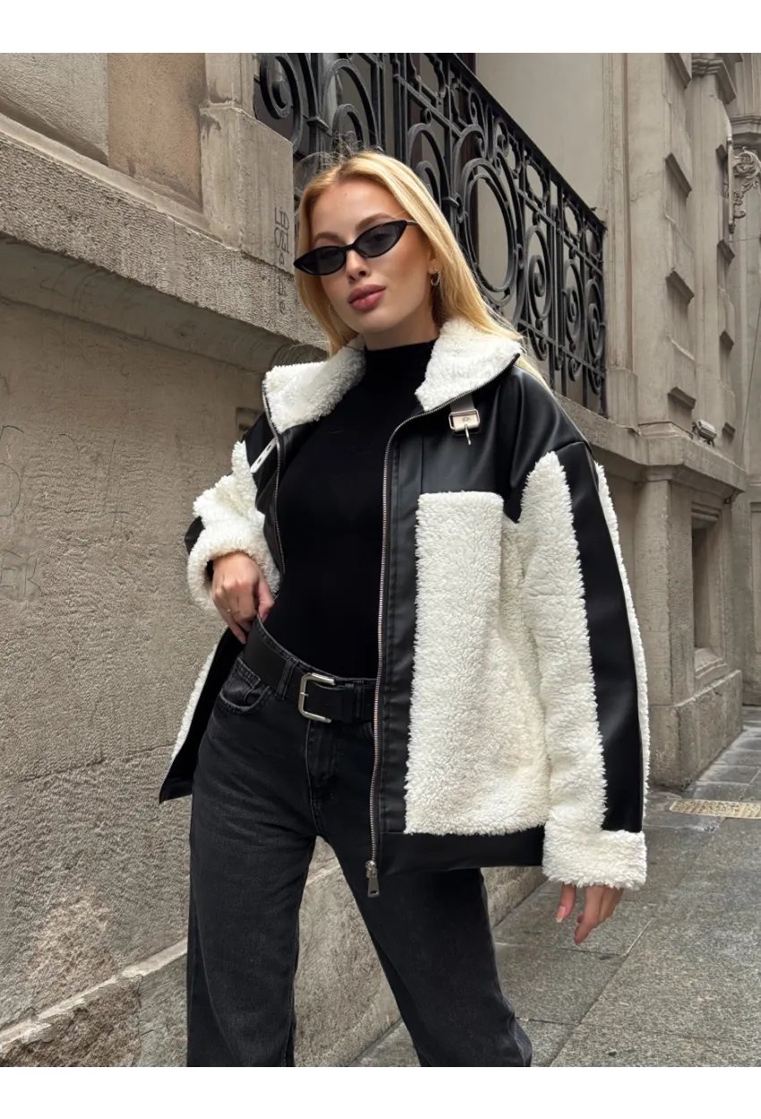 Kadın Deri Garnili Peluş Mont
