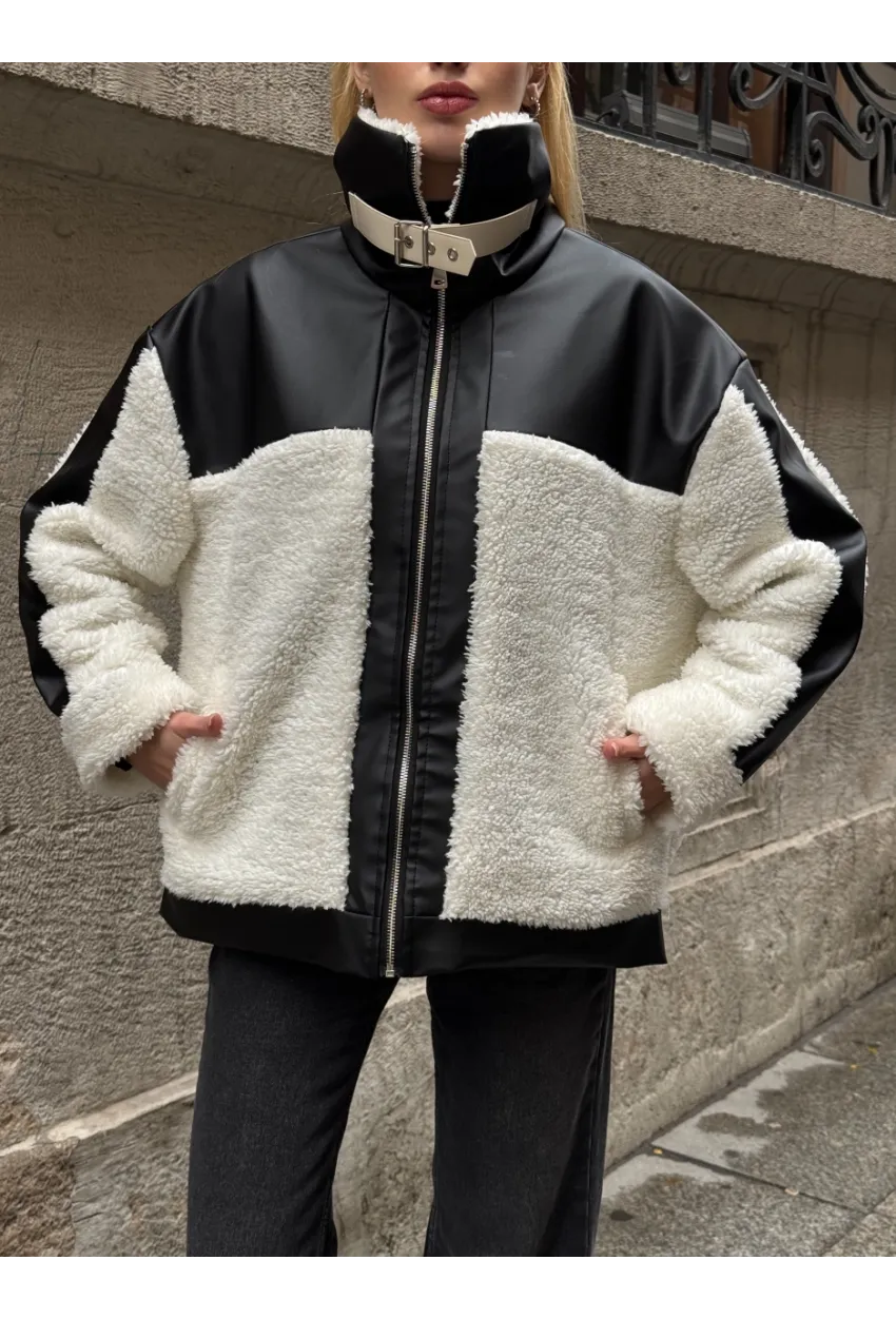 Kadın Deri Garnili Peluş Mont