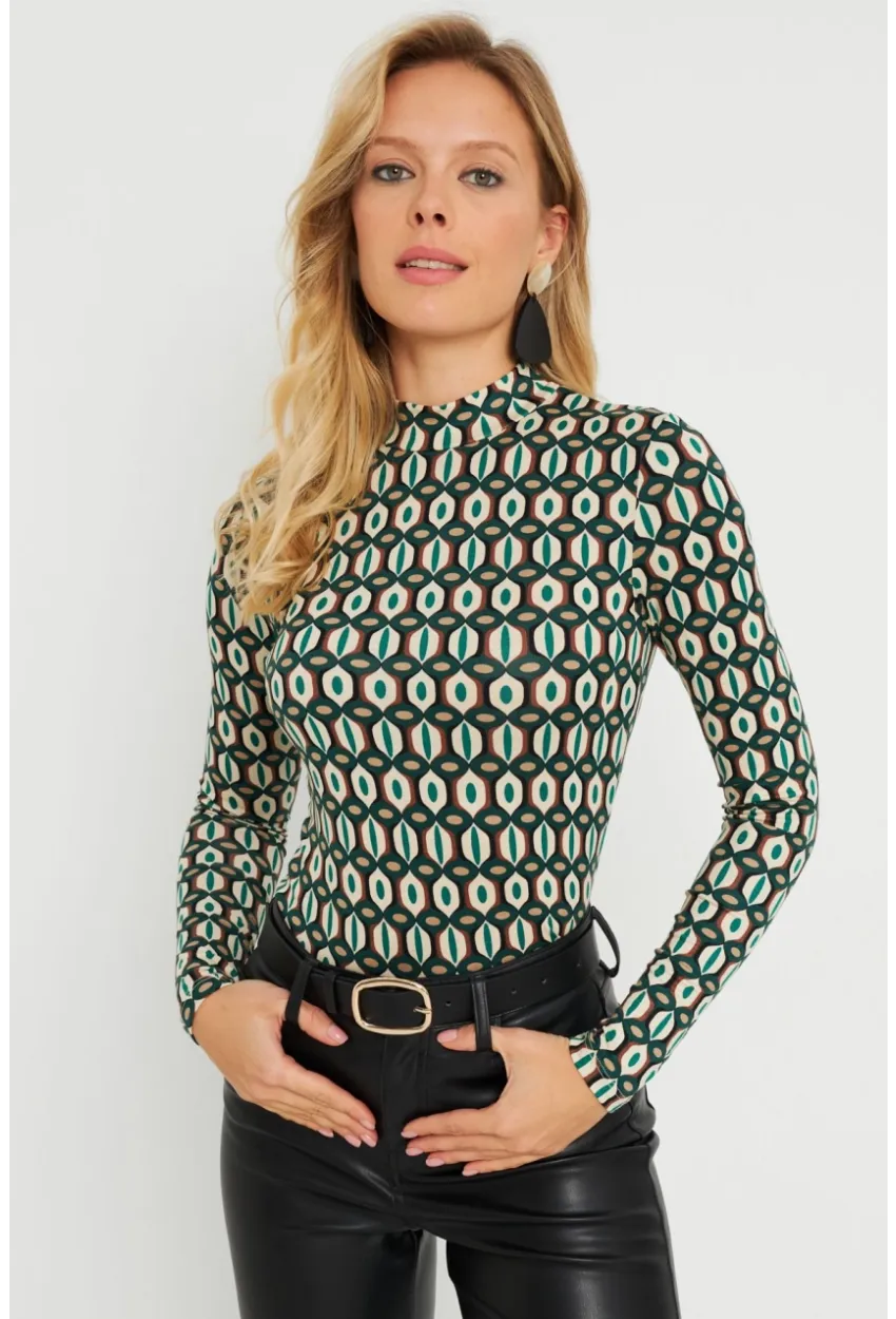 Kadın Desenli Bluz Ekru-Yeşil AYD288