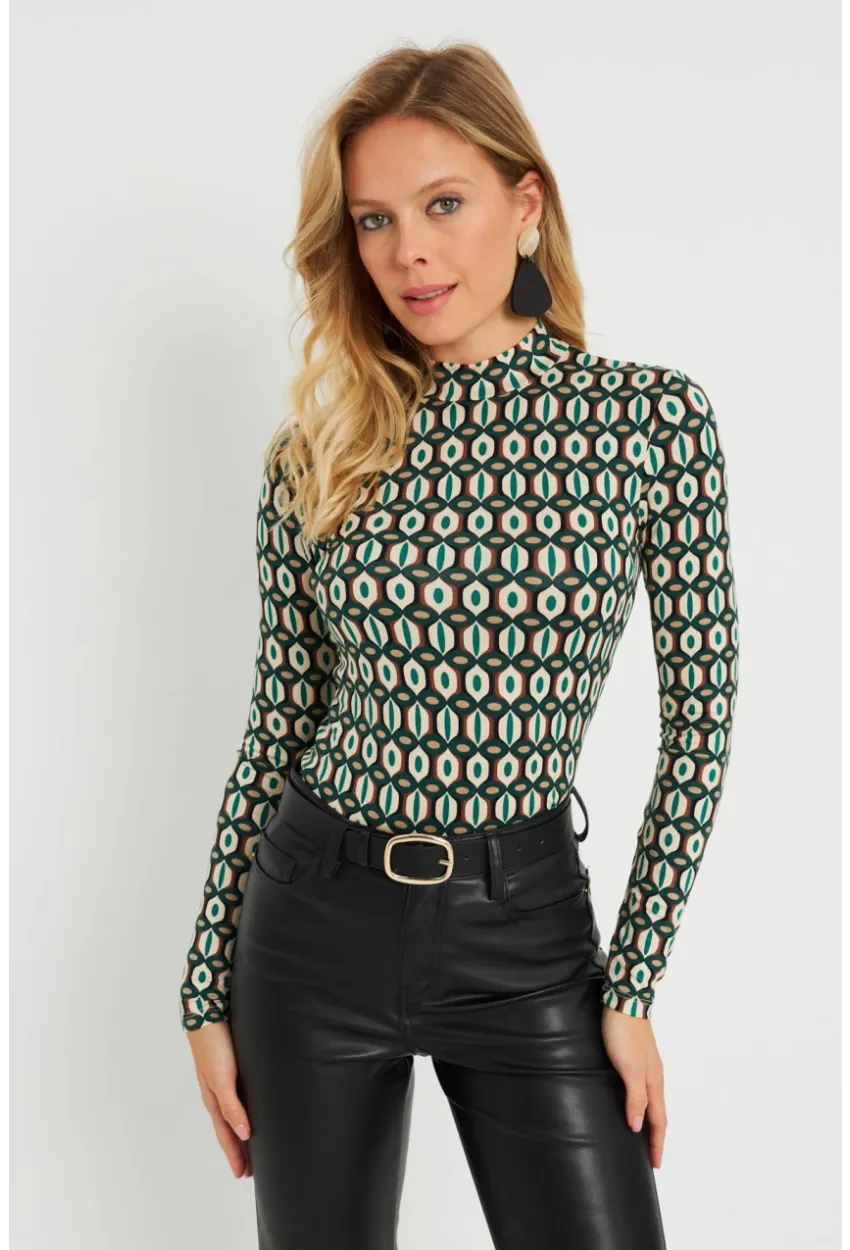 Kadın Desenli Bluz Ekru-Yeşil AYD288