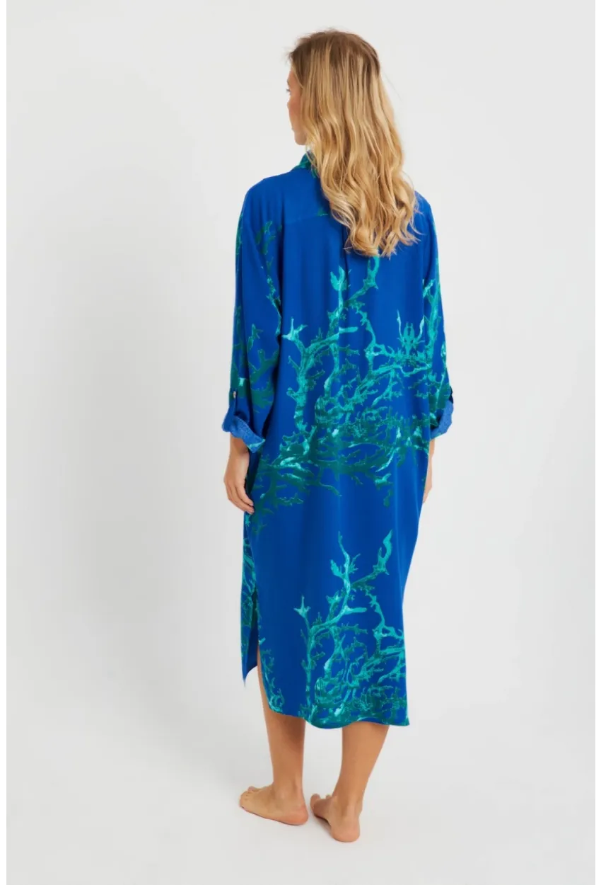 Kadın Desenli Gömlek Elbise Saks LV174