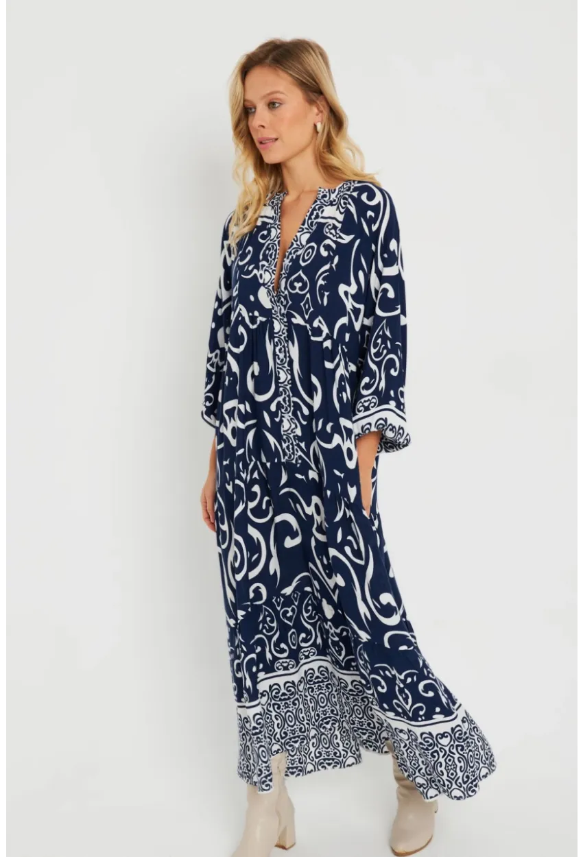 Kadın Desenli Salaş Maxi Elbise Lacivert Q981