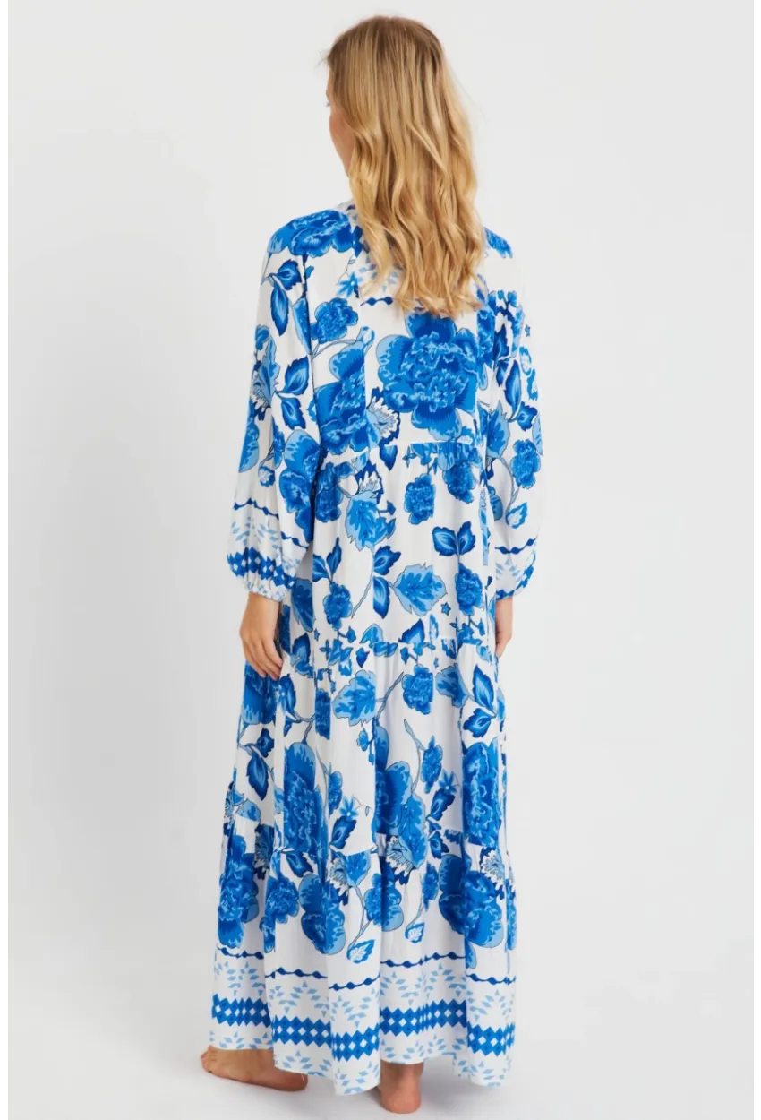 Kadın Desenli Salaş Maxi Elbise Mavi Q981