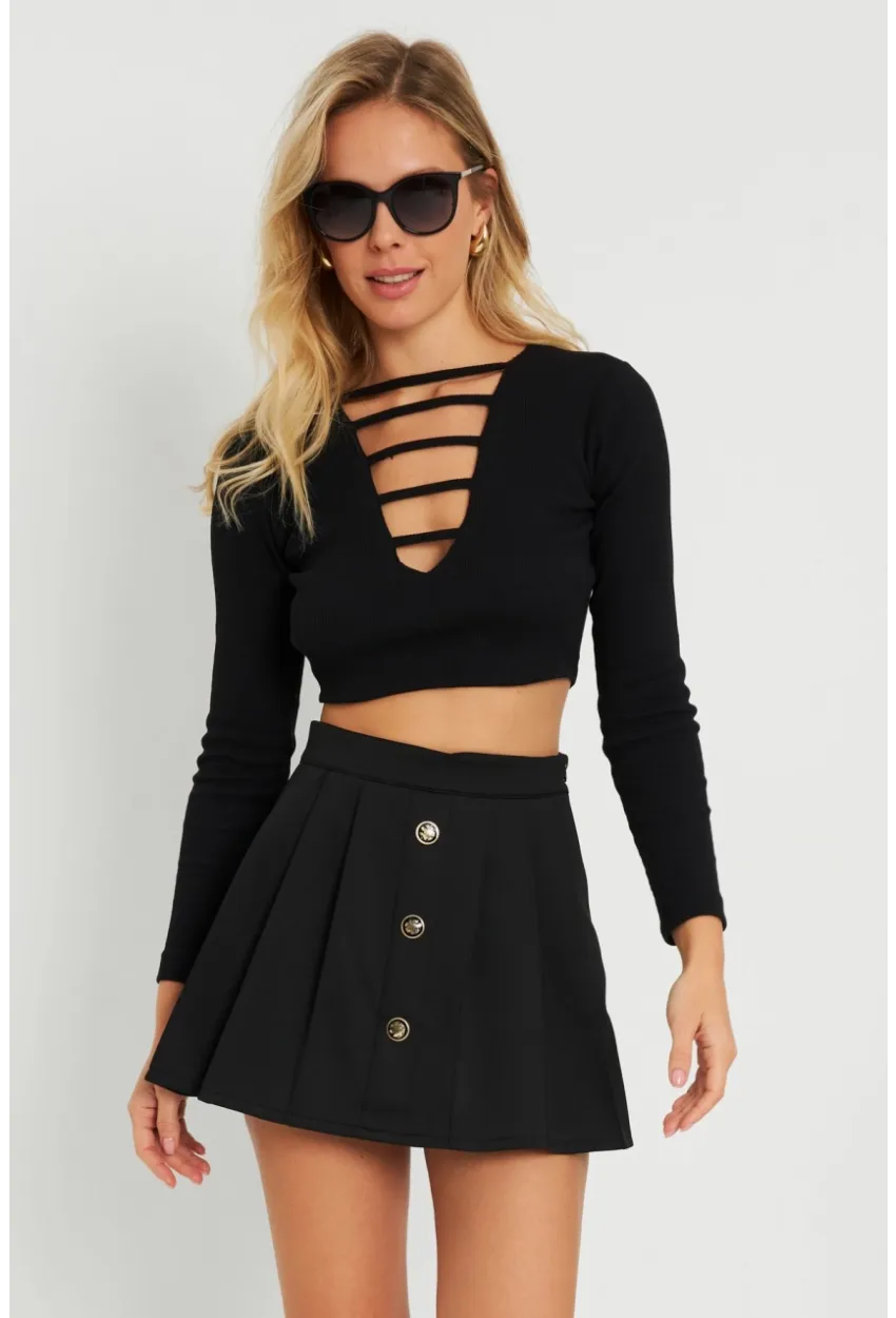 Kadın Düğme Detaylı Şort Etek Siyah KED0051