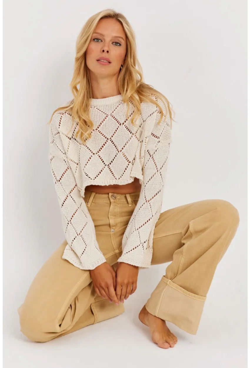 Kadın Ekru Ajurlu Kısa Triko Bluz YZ628