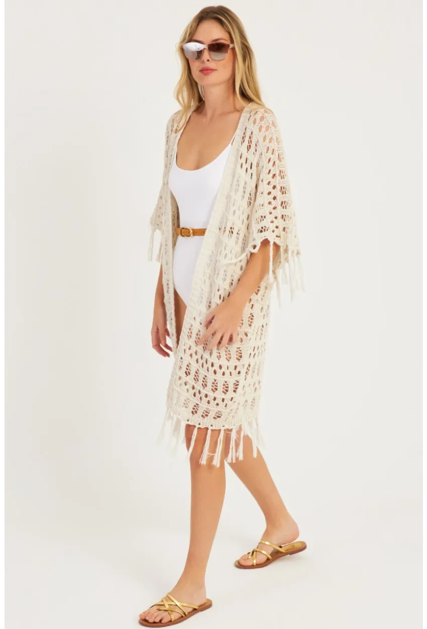 Kadın Ekru Ajurlu Püsküllü Hırka YV224