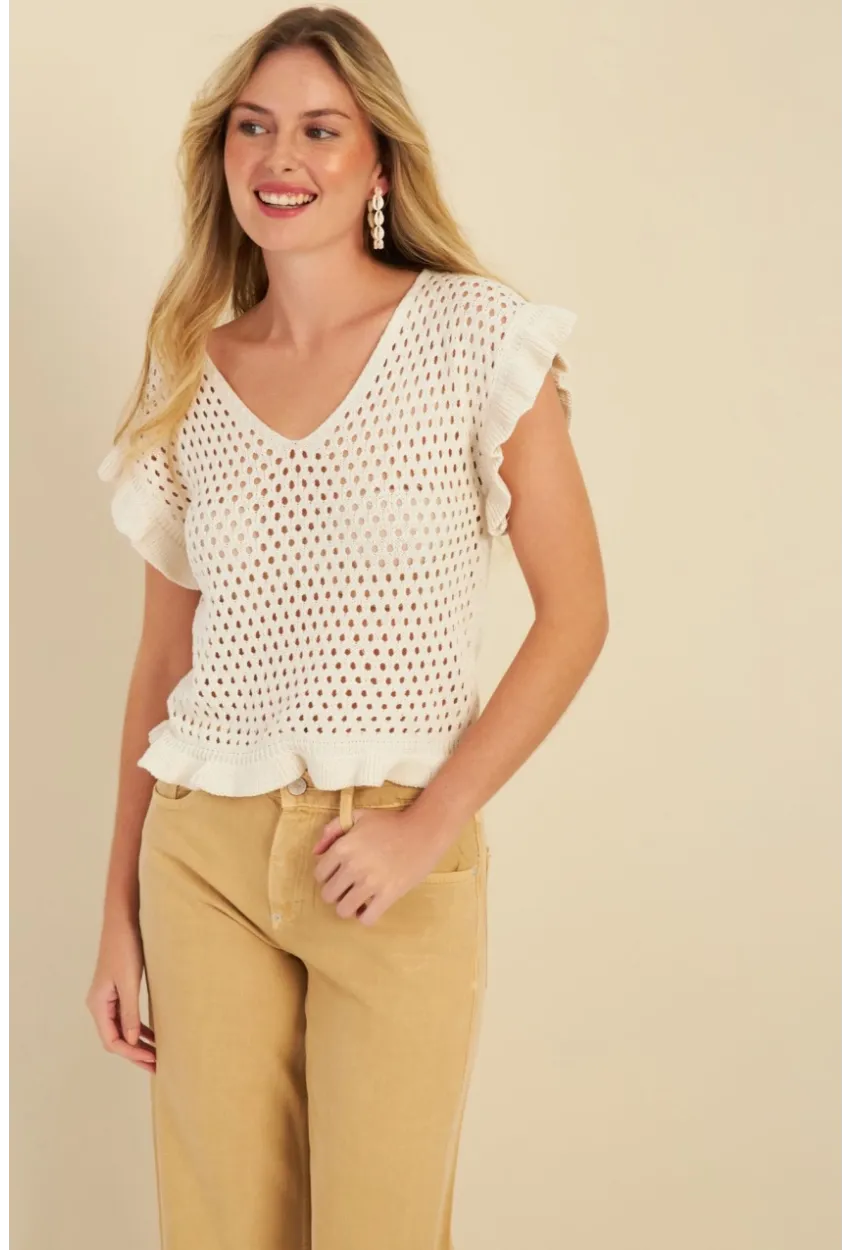 Kadın Ekru Ajurlu Triko Bluz ZU607