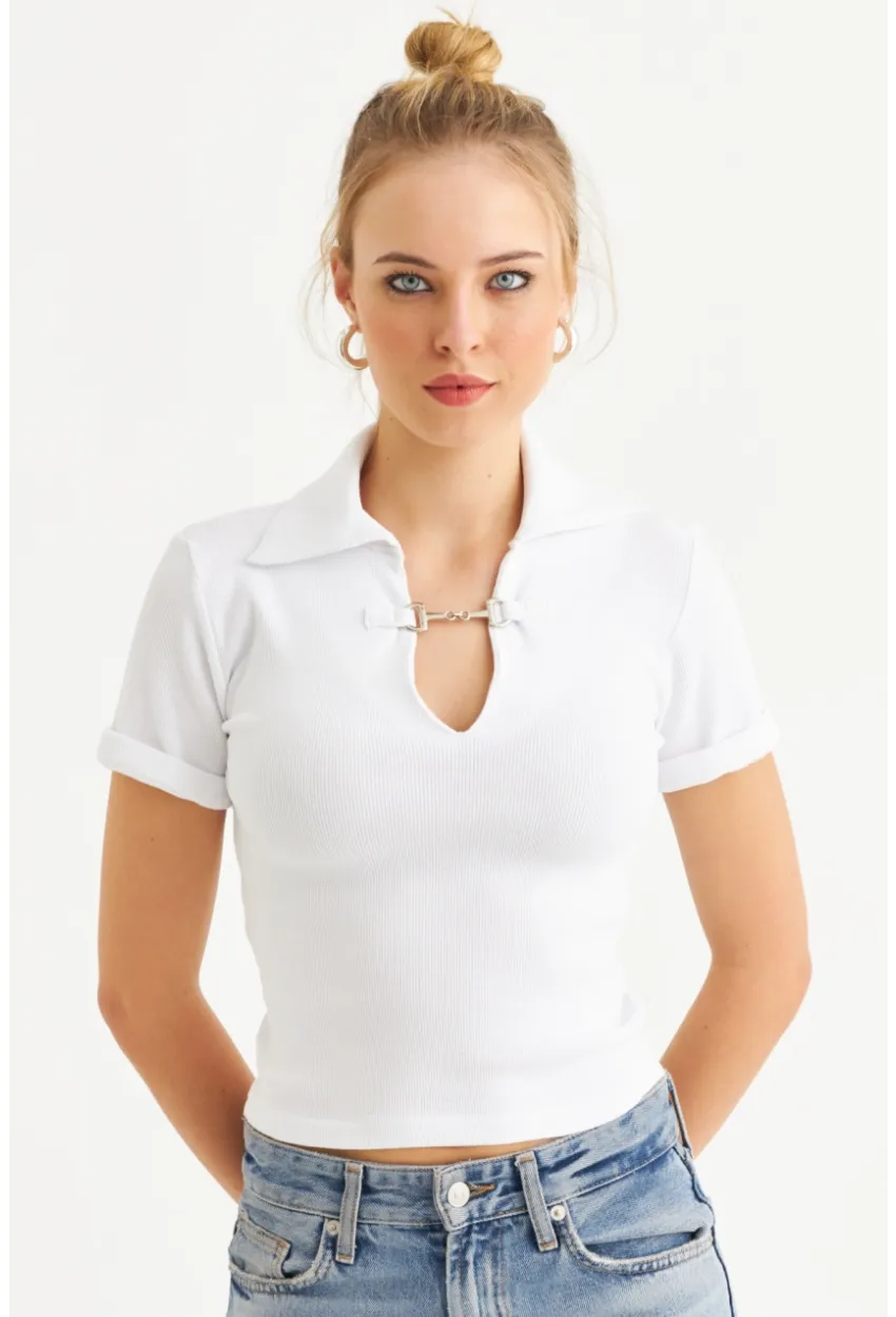 Kadın Ekru Aksesuarlı Crop Bluz COL3008