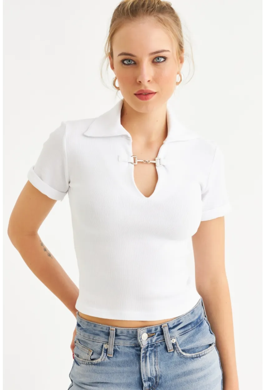 Kadın Ekru Aksesuarlı Crop Bluz COL3008