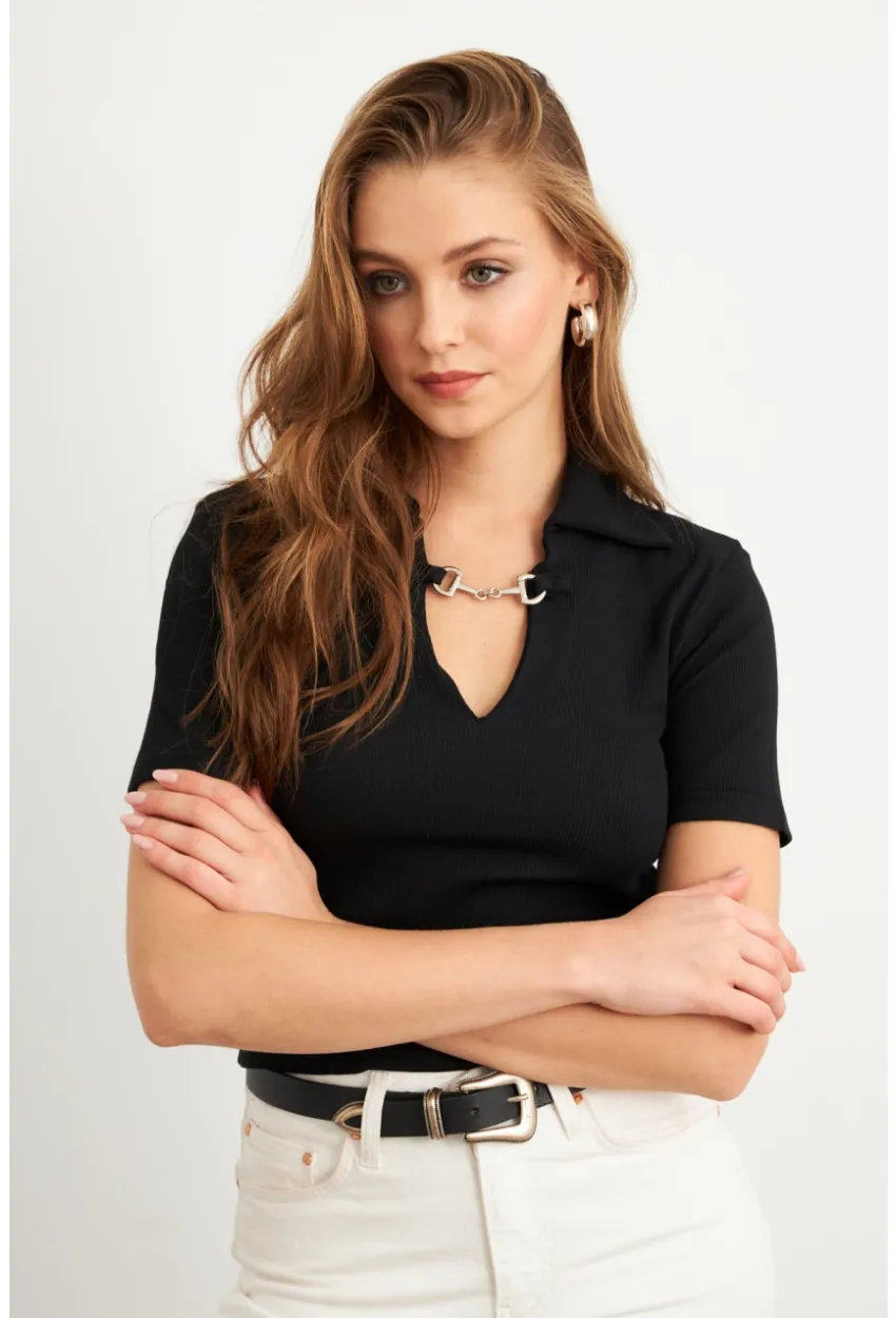 Kadın Siyah Aksesuarlı Crop Bluz COL3008