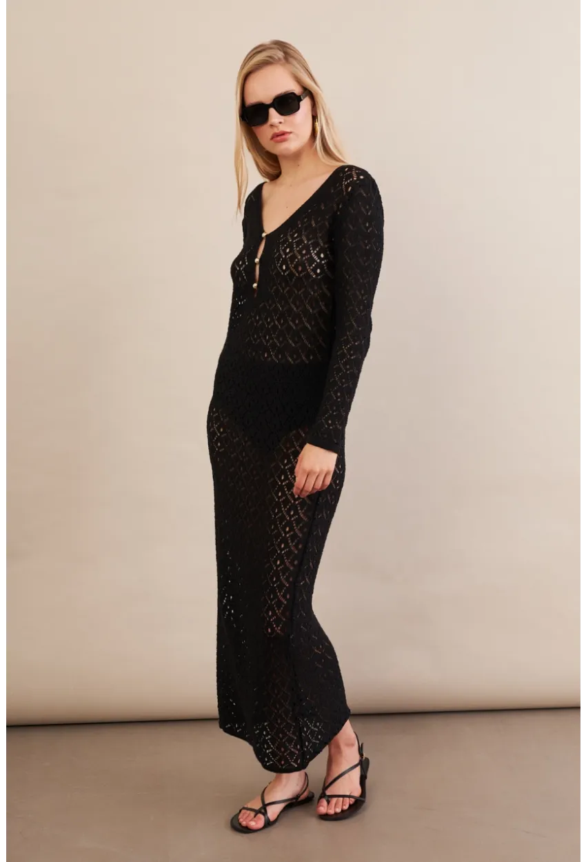 Kadın Siyah Aksesuarlı Triko Plaj Elbisesi KZ3237-90