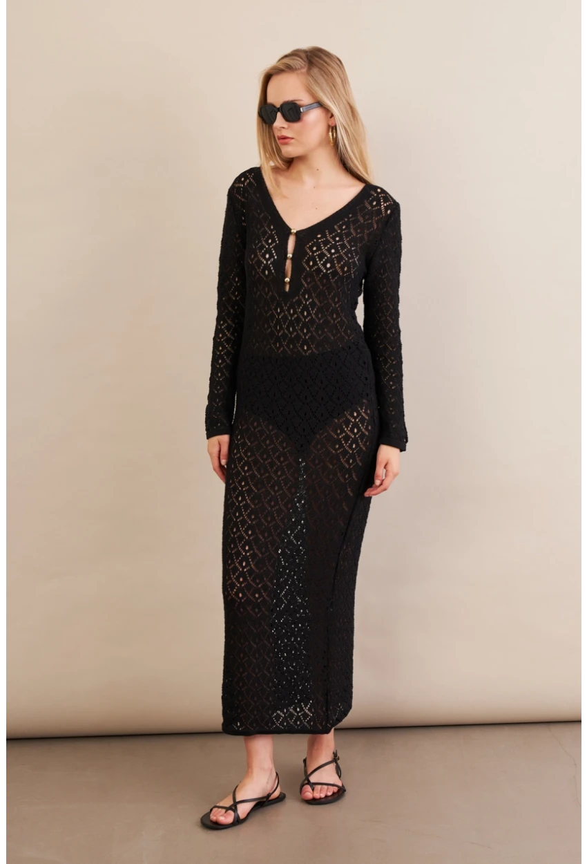 Kadın Siyah Aksesuarlı Triko Plaj Elbisesi KZ3237-90