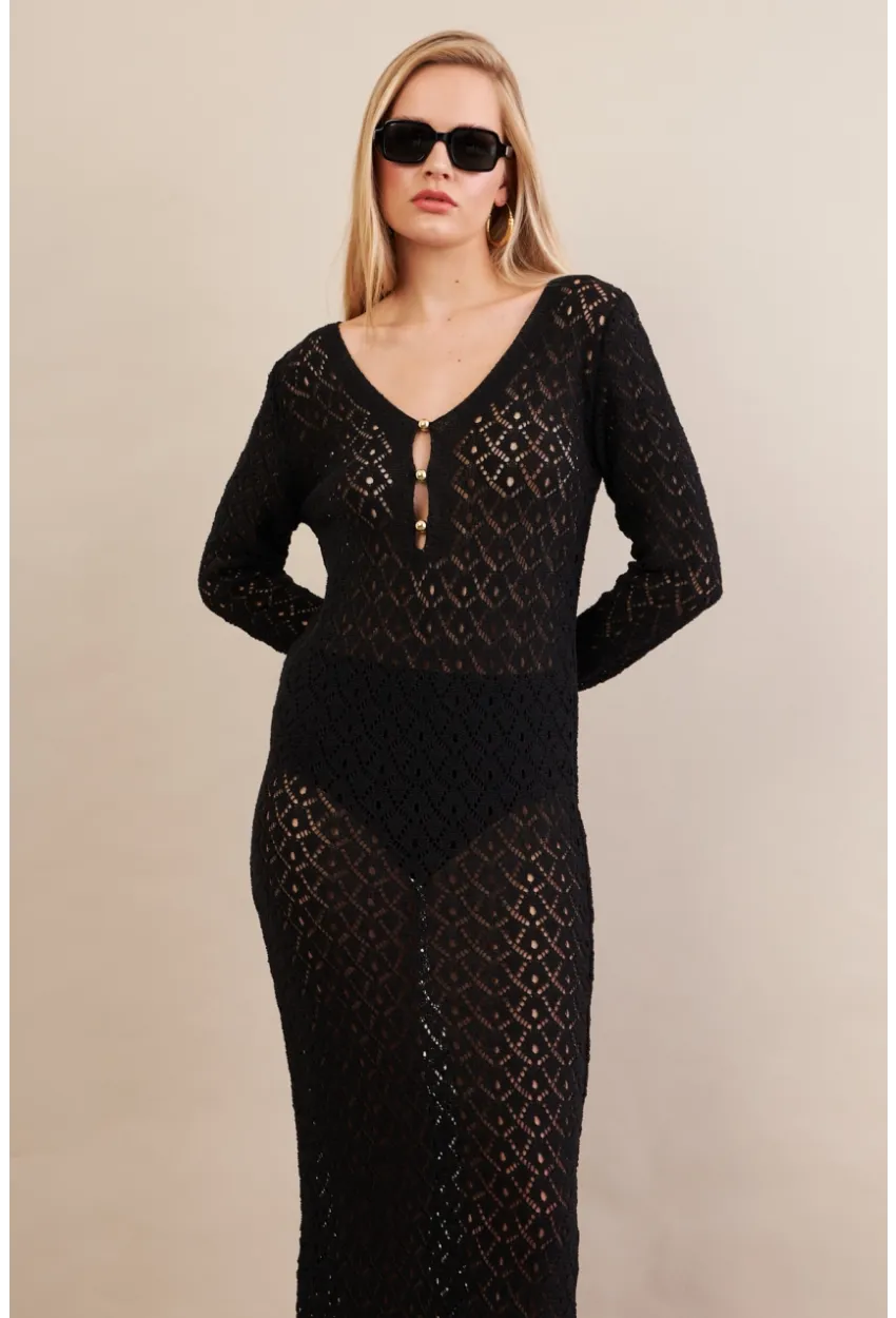 Kadın Siyah Aksesuarlı Triko Plaj Elbisesi KZ3237-90