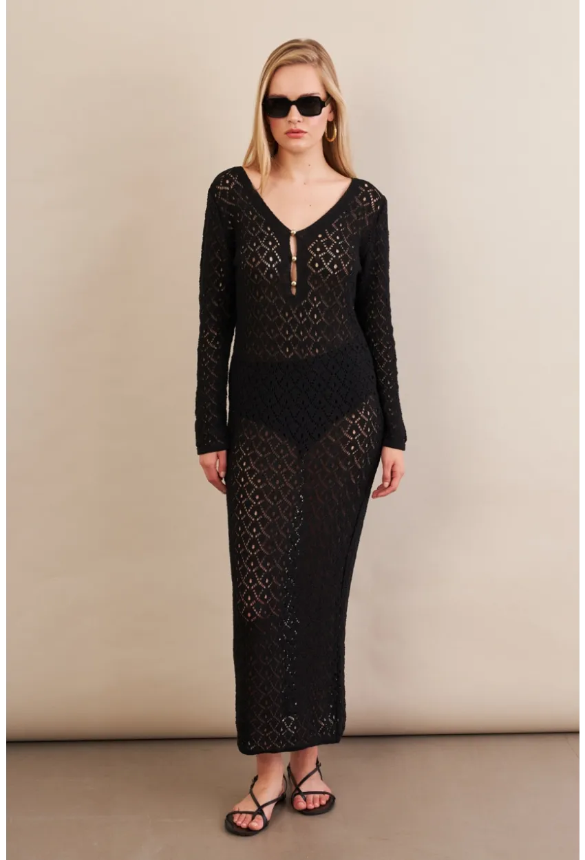 Kadın Siyah Aksesuarlı Triko Plaj Elbisesi KZ3237-90