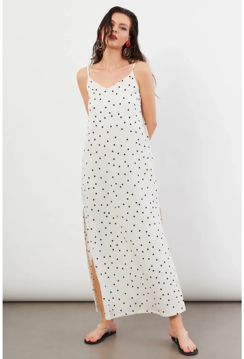 Kadın Ekru Askılı Puantiyeli Krinkıl Midi Elbise AYD413