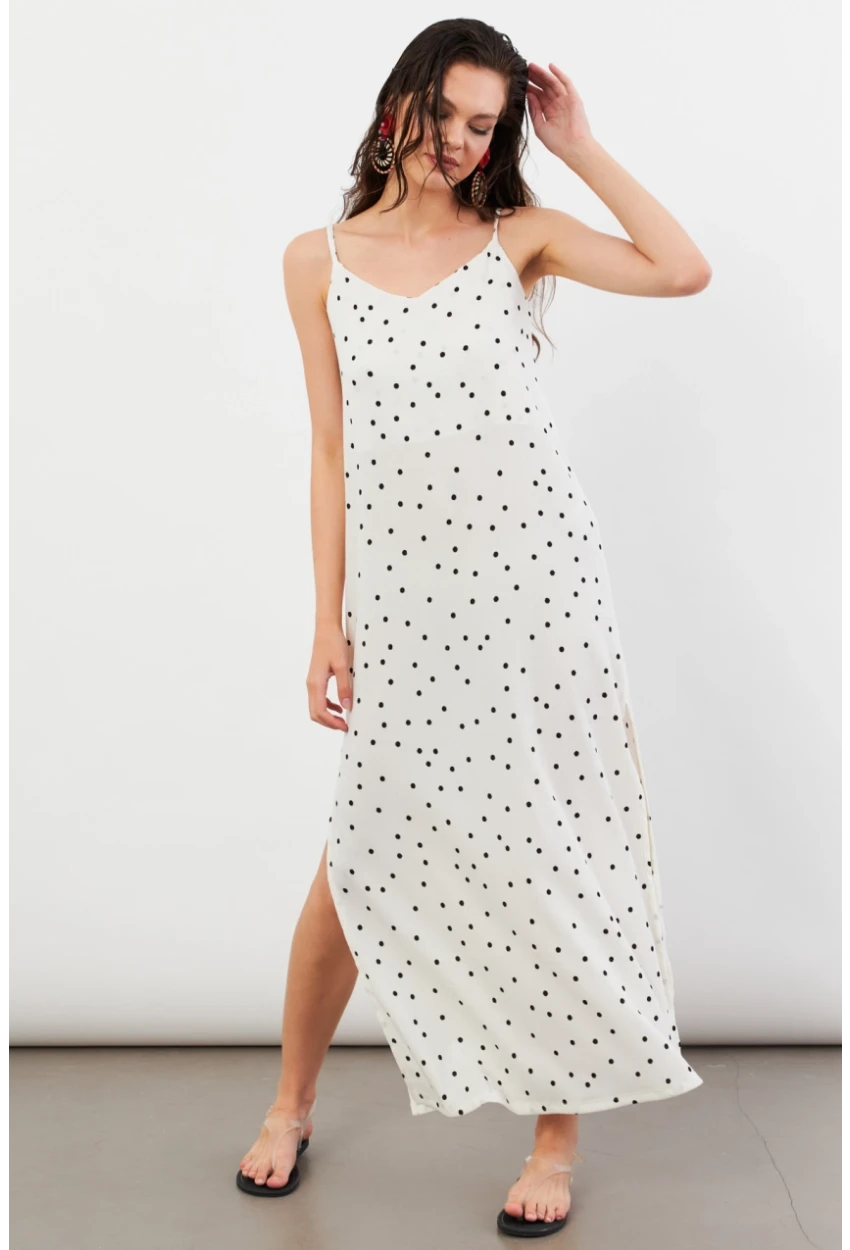 Kadın Ekru Askılı Puantiyeli Krinkıl Midi Elbise AYD413