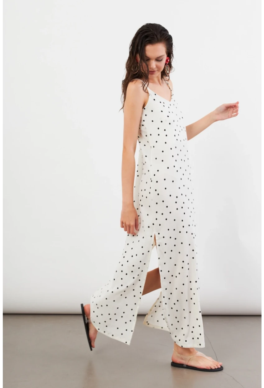 Kadın Ekru Askılı Puantiyeli Krinkıl Midi Elbise AYD413