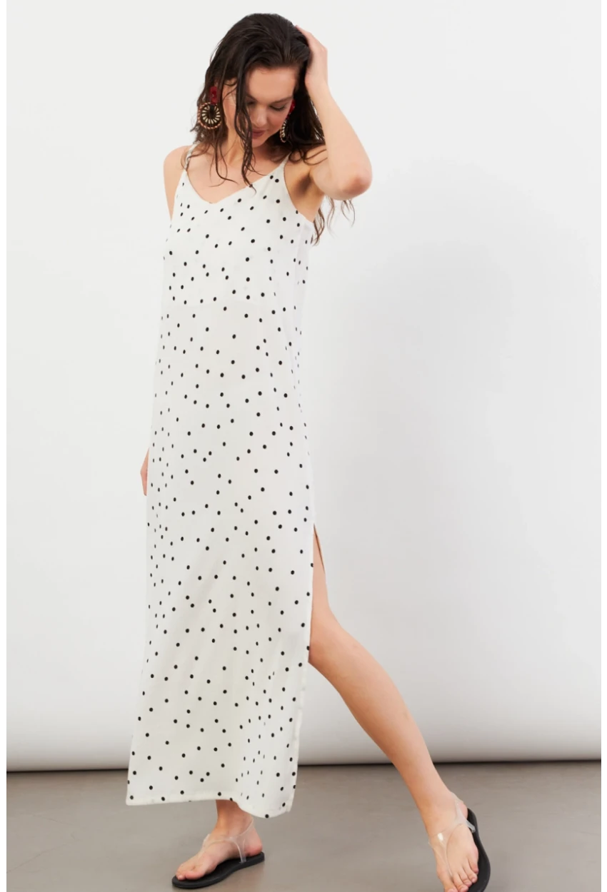 Kadın Ekru Askılı Puantiyeli Krinkıl Midi Elbise AYD413