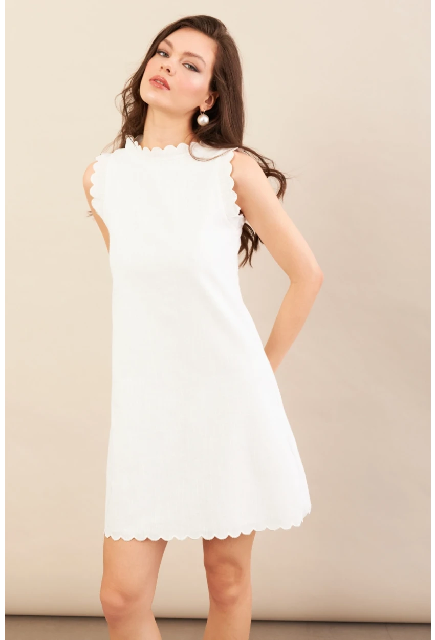 Kadın Ekru Astarlı Mini Keten Elbise AYD415