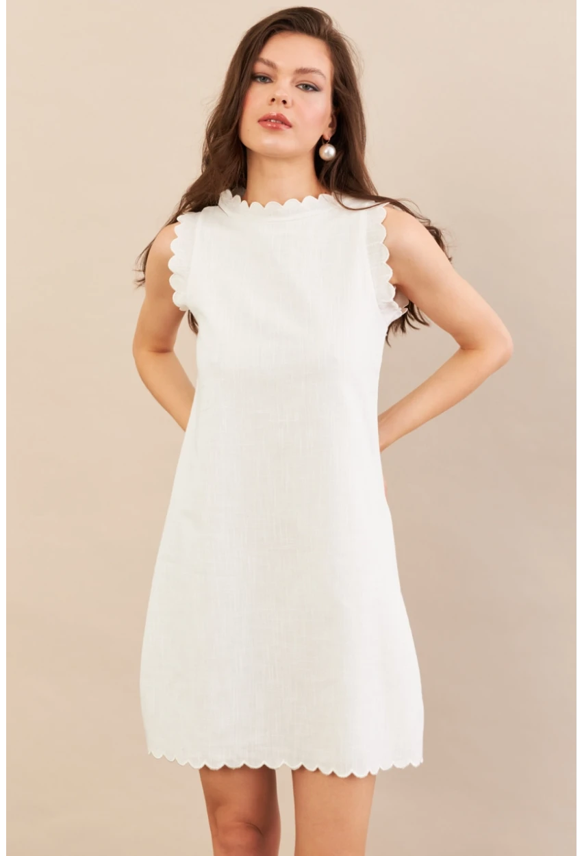 Kadın Ekru Astarlı Mini Keten Elbise AYD415