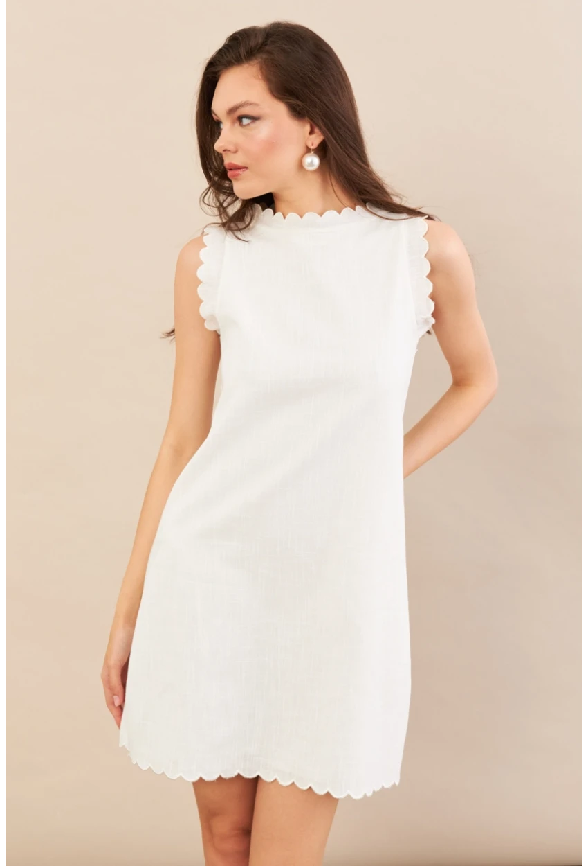 Kadın Ekru Astarlı Mini Keten Elbise AYD415