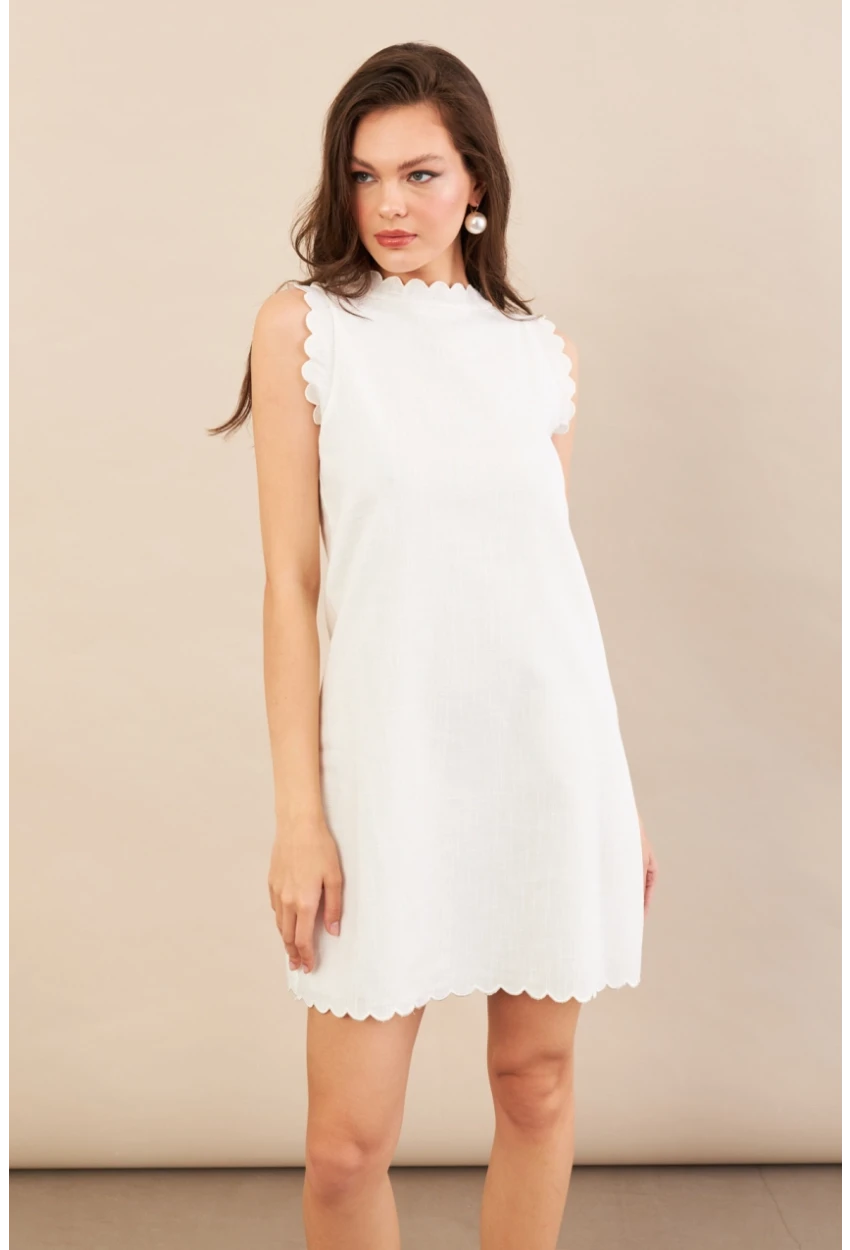 Kadın Ekru Astarlı Mini Keten Elbise AYD415