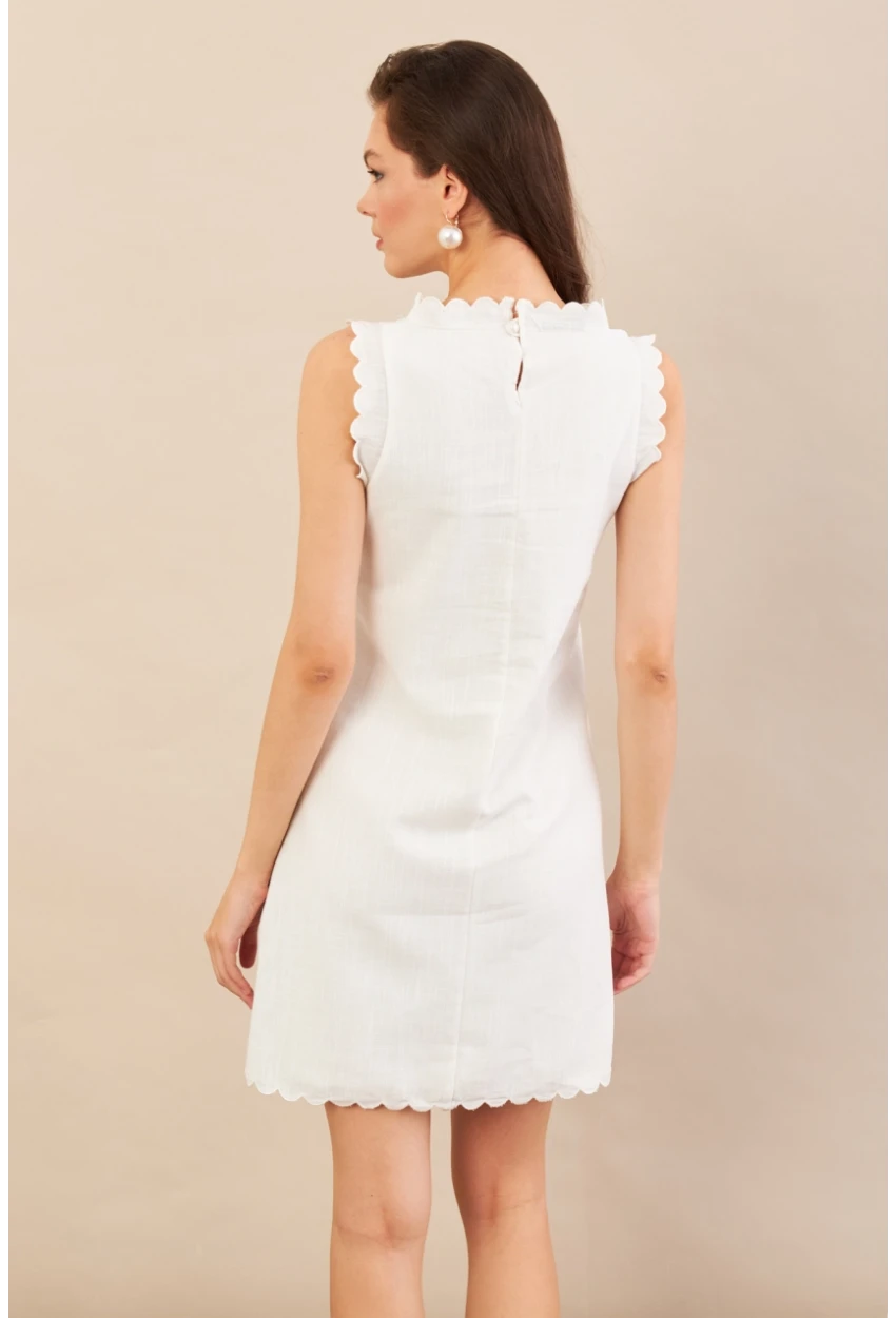 Kadın Ekru Astarlı Mini Keten Elbise AYD415