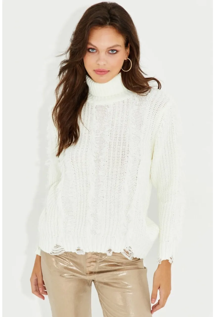Kadın Ekru Balıkçı Yaka Püsküllü Triko Kazak KZ2471