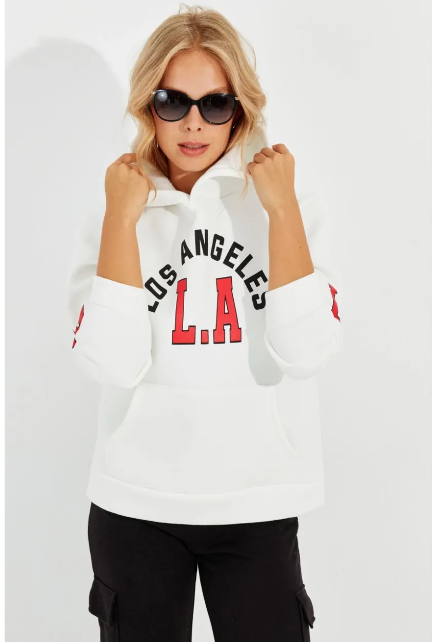 Kadın Ekru Baskılı Kapüşonlu Sweatshirt DA146