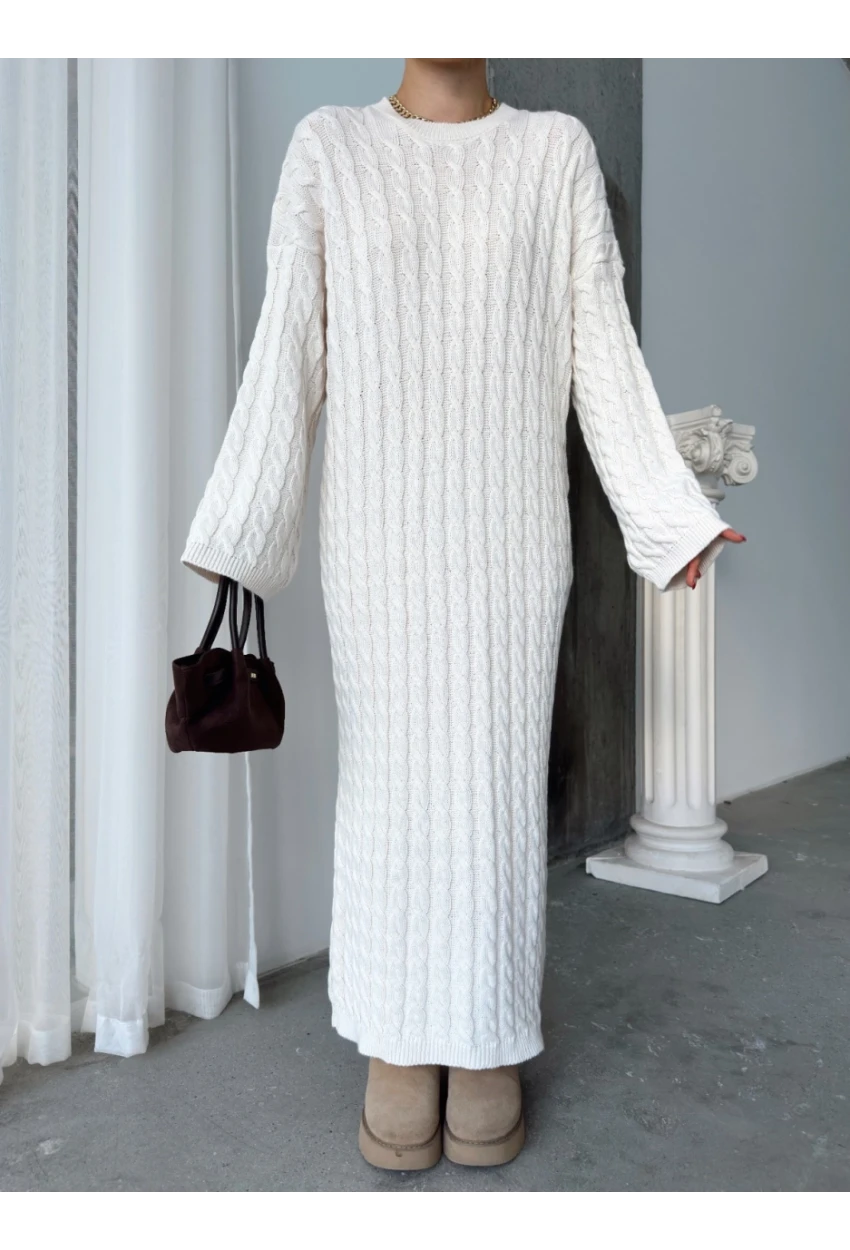 Kadın Ekru Bisiklet Yaka Saç Örgülü Kadın Triko Midi Elbise
